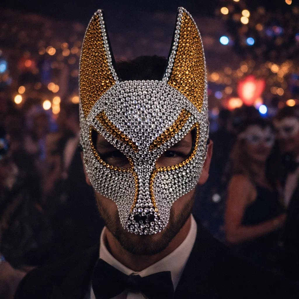 Máscara de Lobo de Lujo con Pedrería, Máscara Brillante de Animal de Media Cara para Baile de Máscaras, Fiesta de Halloween y Eventos de Disfraces