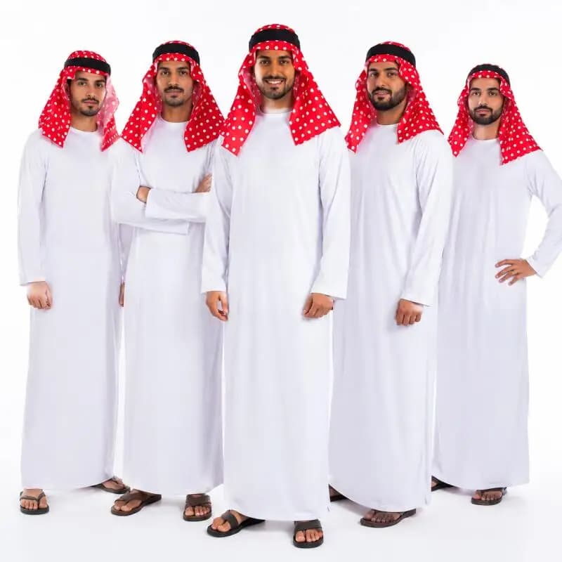 Disfraz de Cosplay Estilo Árabe de Oriente Medio para Hombre, Túnica Larga Blanca con Pañuelo Rojo para la Cabeza, Traje para Actuaciones de Halloween para Adultos