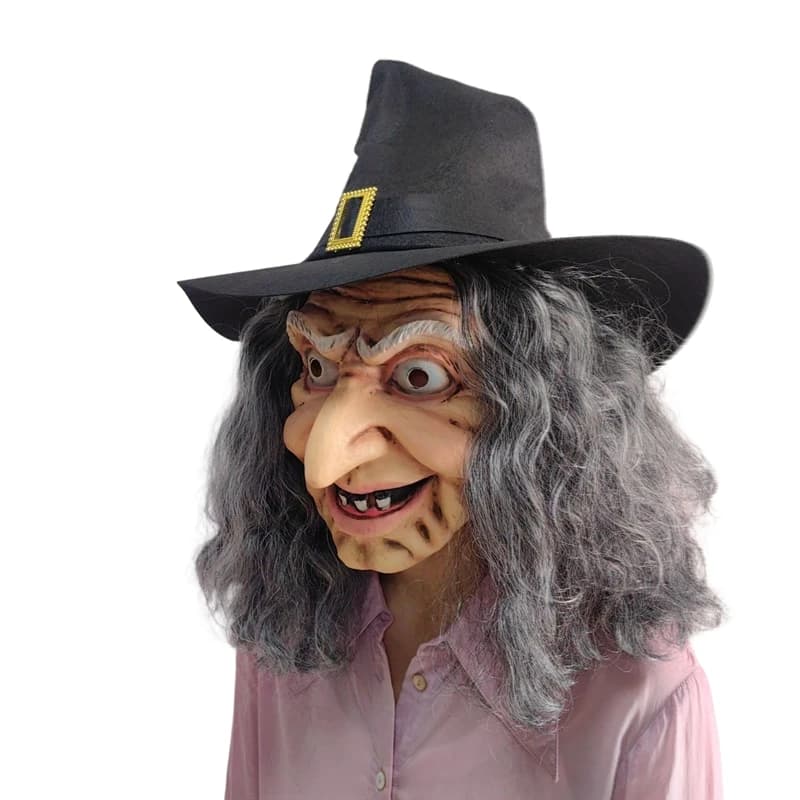 Kit de accesorios de bruja verde aterrador para mujer: máscara de pelo sintético y sombrero puntiagudo, ideal para disfraces de Halloween, fiestas de cosplay y eventos temáticos.