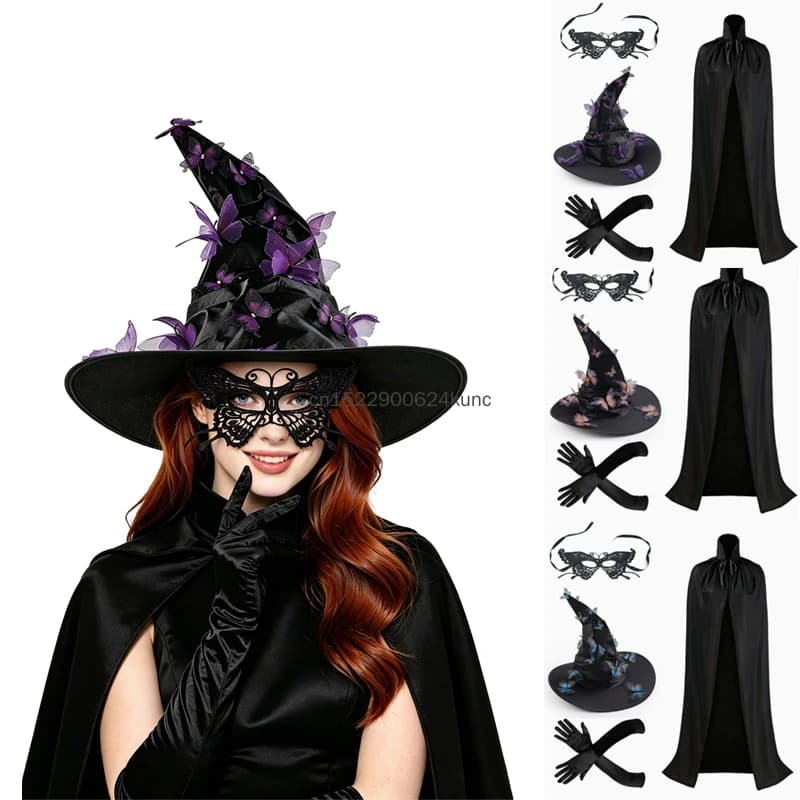 Juego de 4 piezas: sombrero de bruja con pliegues de mariposa de estilo gótico para Halloween, con capa, máscara y guantes. Disfraz de bruja para fiestas de Halloween, carnaval y eventos de cosplay.