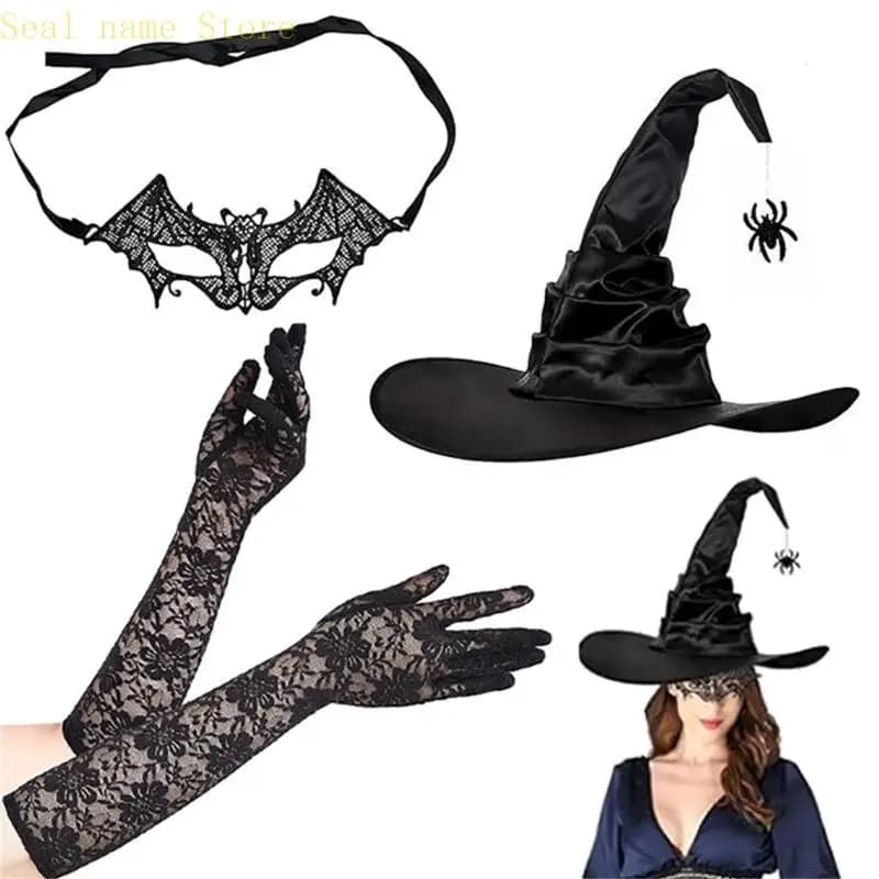 R7UD Juego accesorios para disfraz Halloween con sombrero bruja, antifaz encaje y guantes largos, disfraz