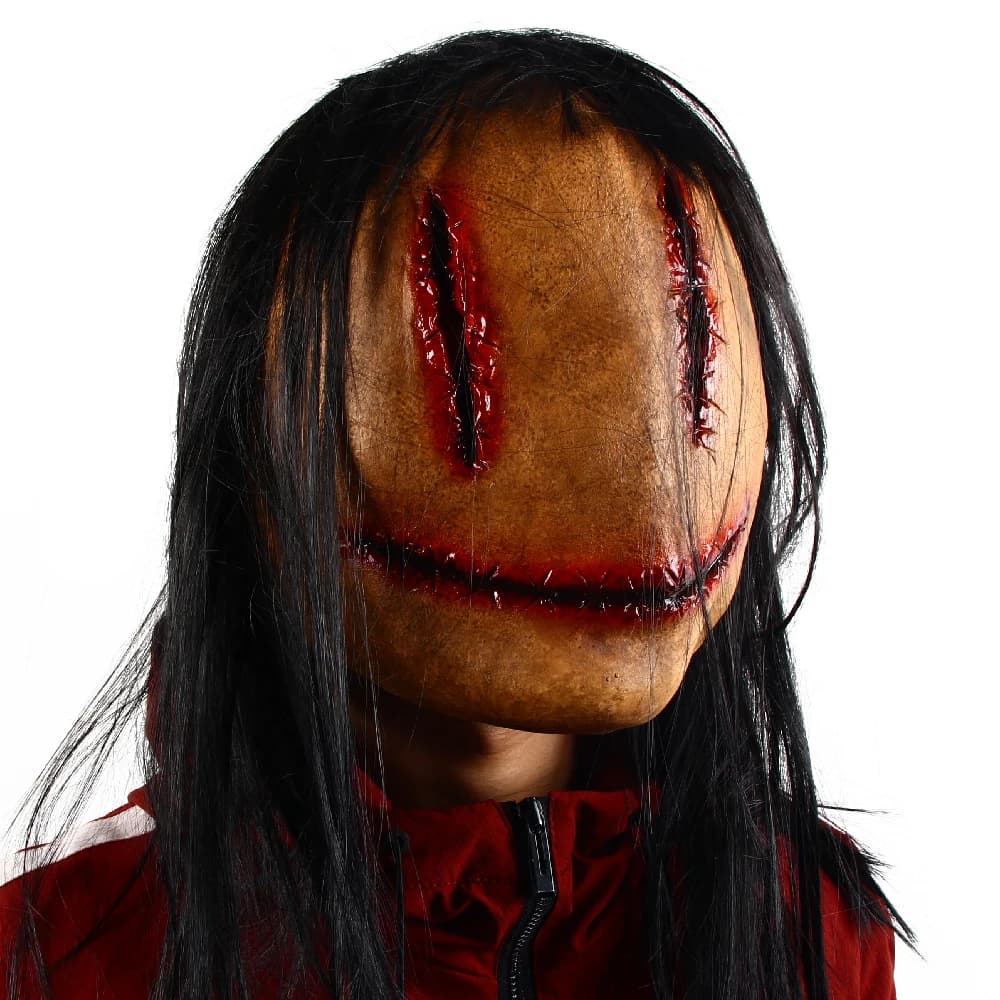 Máscara de fiesta de disfraces de terror de Halloween, disfraz de Horror realista sangriento, máscara de jersey de látex complicada con accesorios para disfraz de pelo